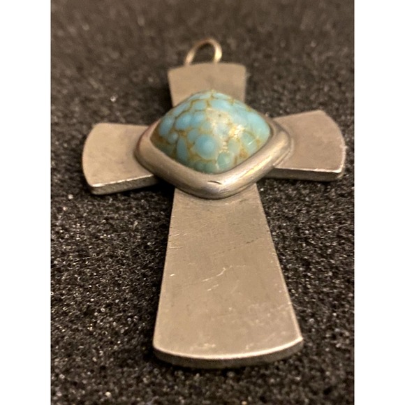 Vintage jorgen Jensen Cross Pendant Denmark Pewter Cross w/Turquoise stone - Picture 3 of 8